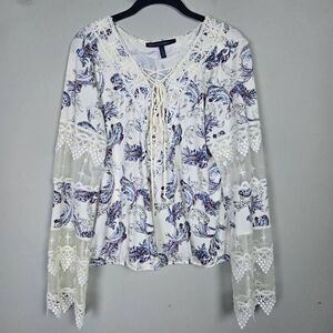 White House Black Market White Paisley Lace-Trim Peasant Blouse